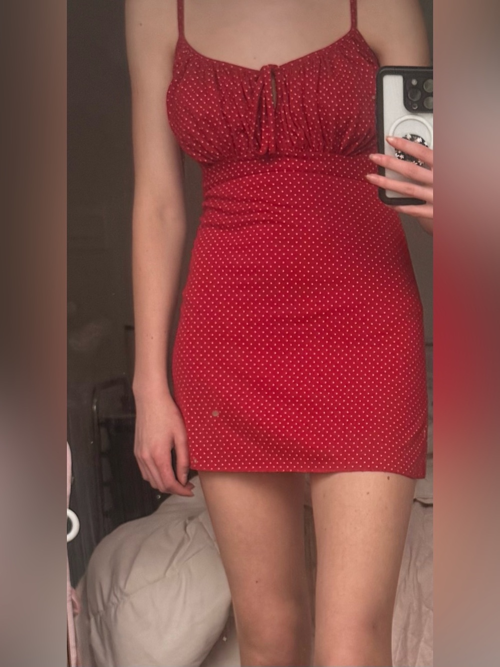Red Polka Dot Spaghetti Strap Mini Dress milkmaid